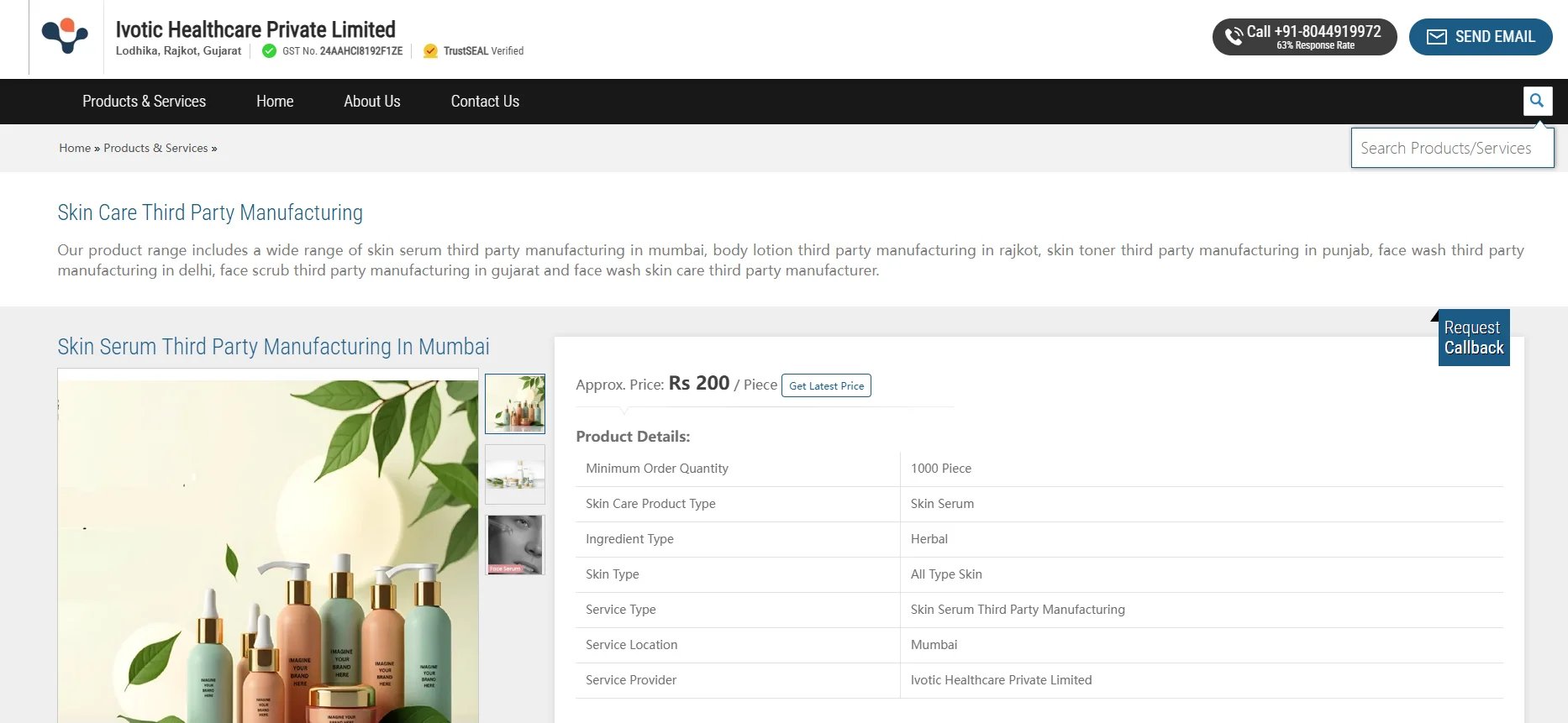 Webpage highlighting skin care third party manufacturing by Ivotic Healthcare, featuring product details and pricing information.